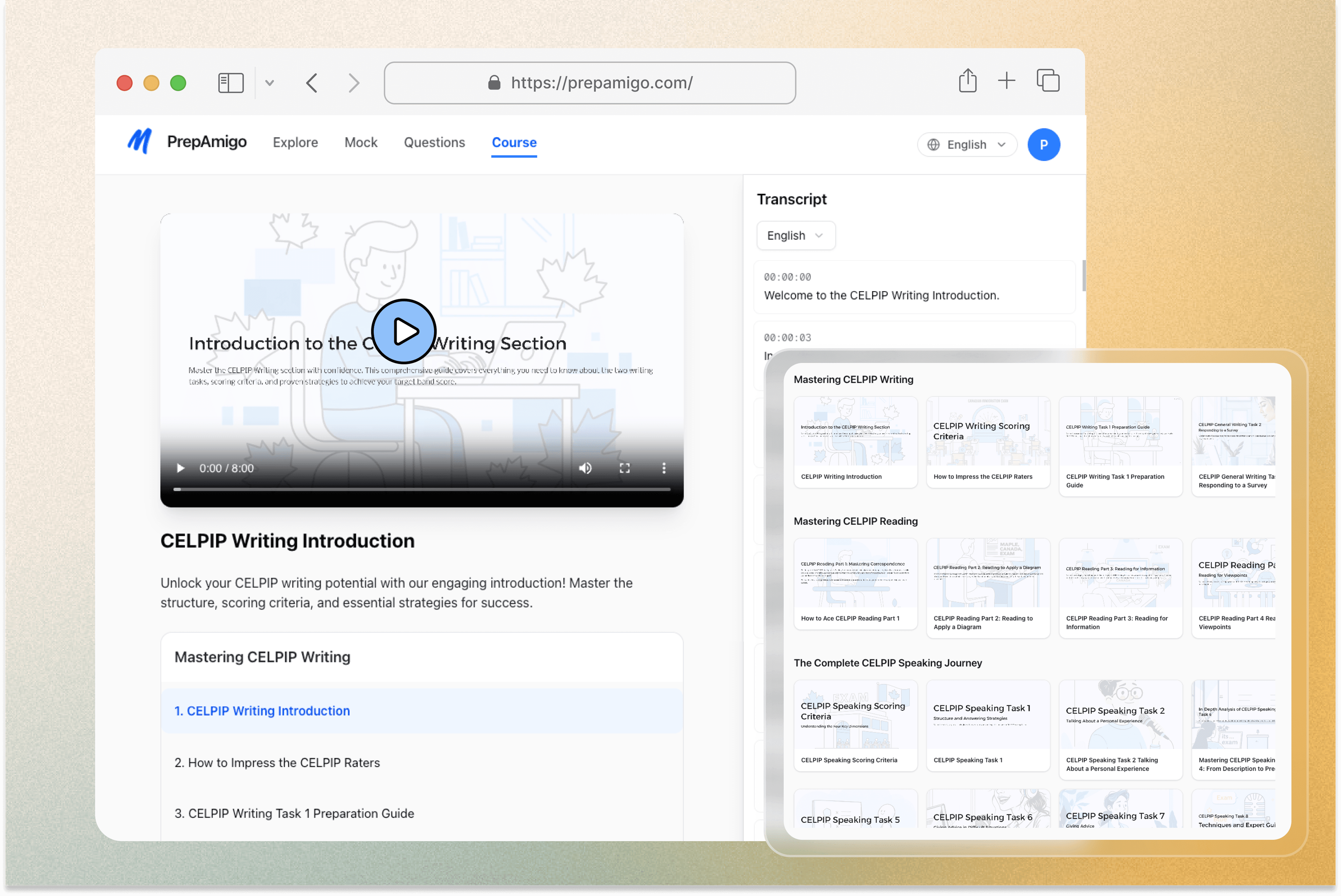 PrepAmigo course page highlighting skill-specific lessons.