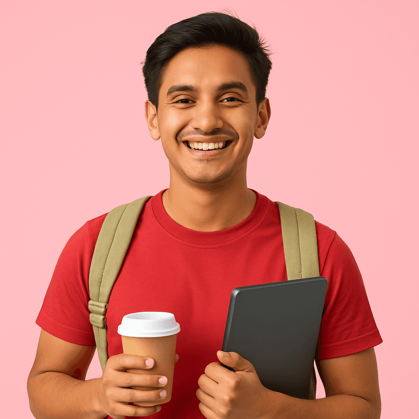 Student in lavender background smiling with books