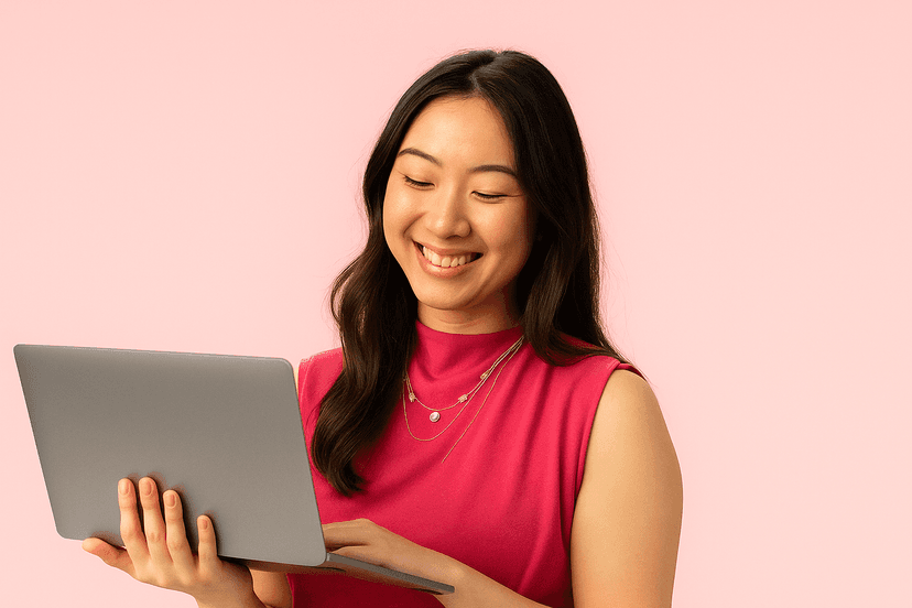 Student in blue shirt smiling with notebook