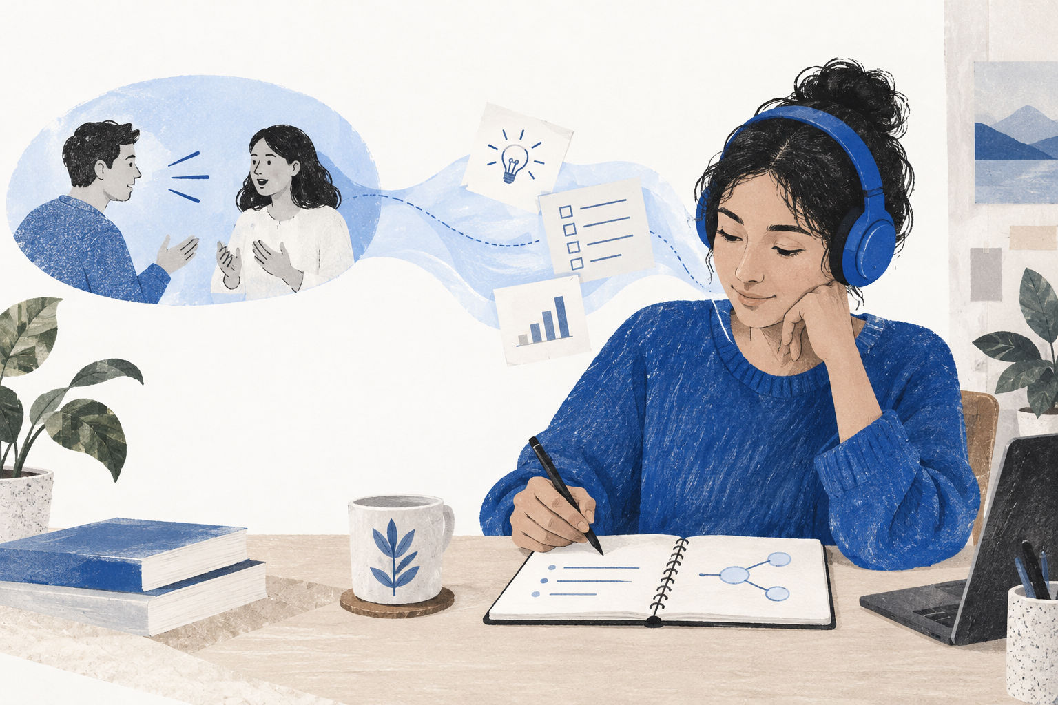 An attentive listener turns a conversation into a few meaningful notes.