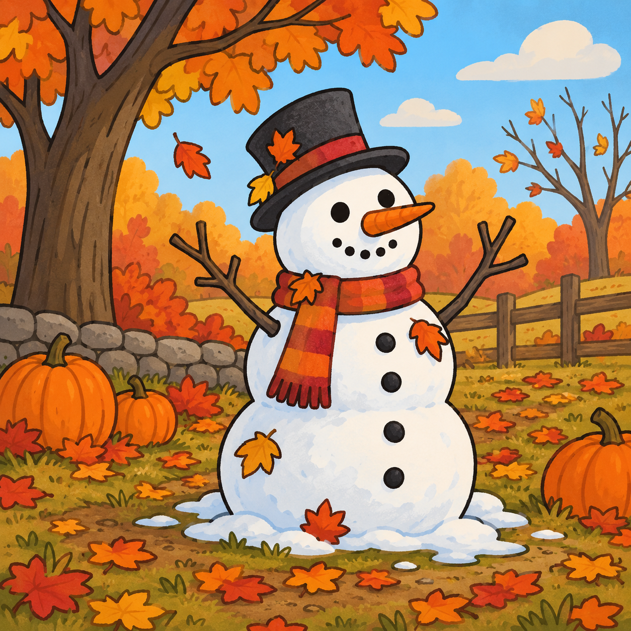 A snowman stands among autumn trees, fallen leaves and pumpkins.