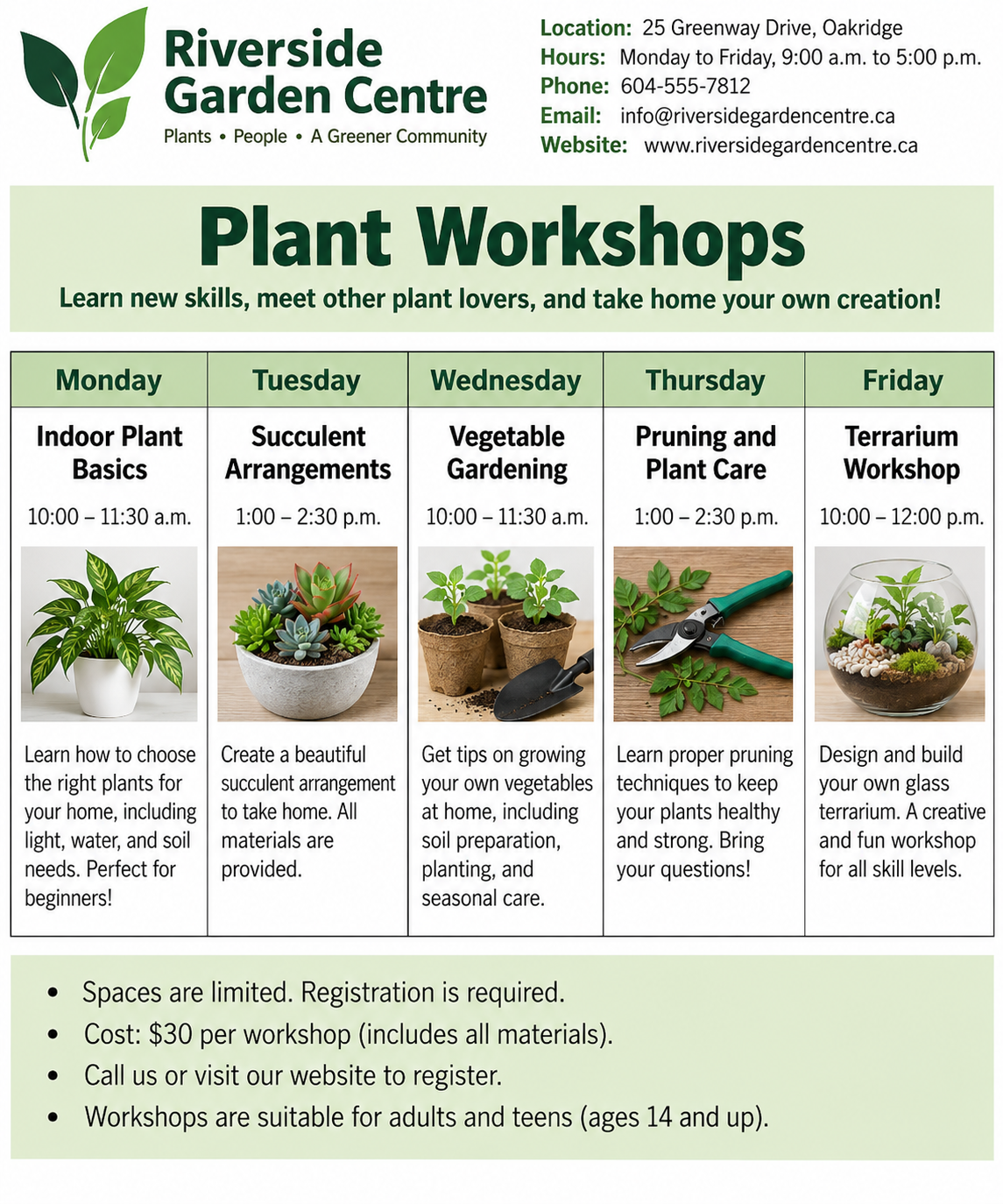 Riverside Garden Centre workshop schedule